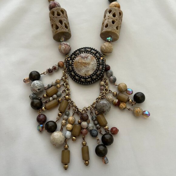 Genuine Gemstone Jasper Mixed Beaded Statement Costume Artisan Estate Necklace - Picture 2 of 12